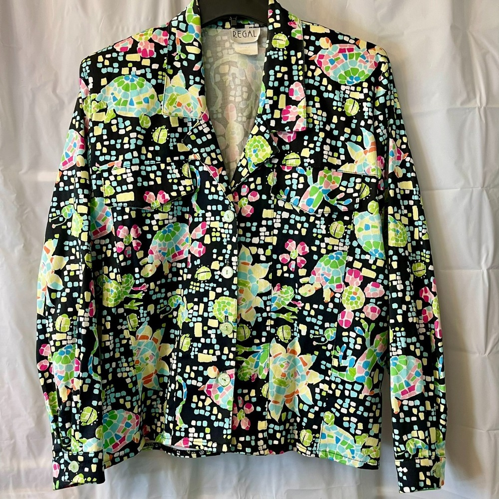 Vintage Regal Bamboo Trader Tropical Mosaic Turtle & Gecko Jacket/ Shacket Sz M
